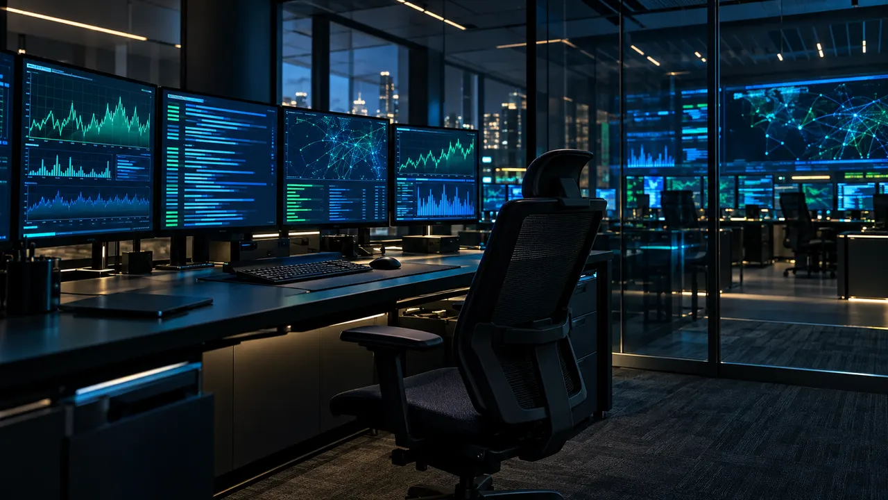 Centro de operações de segurança bancária em penumbra com monitores exibindo gráficos de tráfego de rede