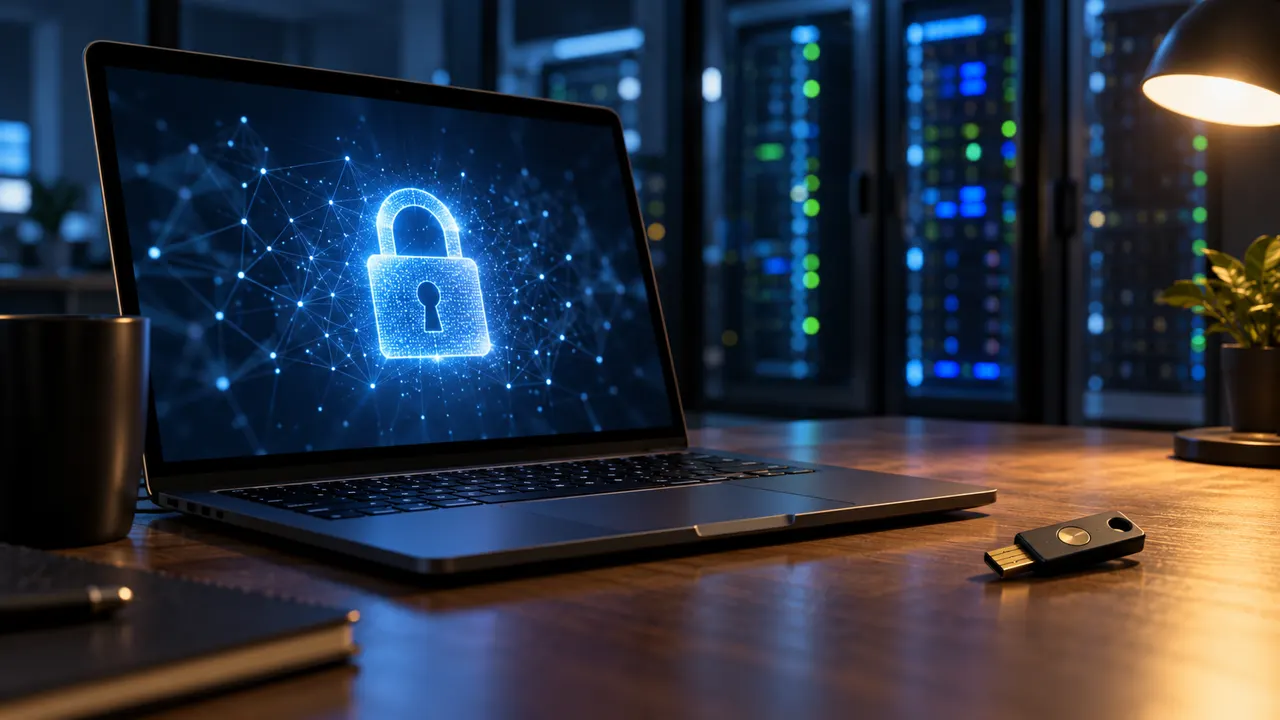Cena ilustrativa de computador e chave física de segurança em escritório