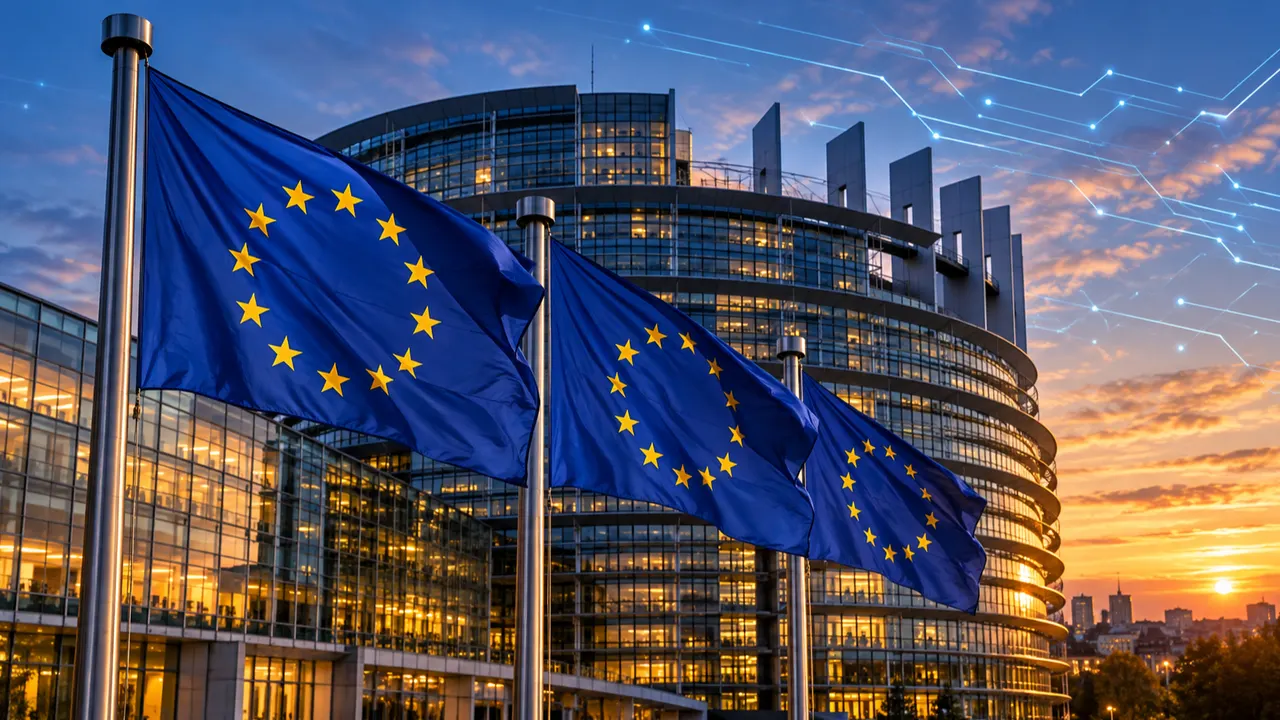 Bandeira da União Europeia refletida em painel de vidro com linhas de código