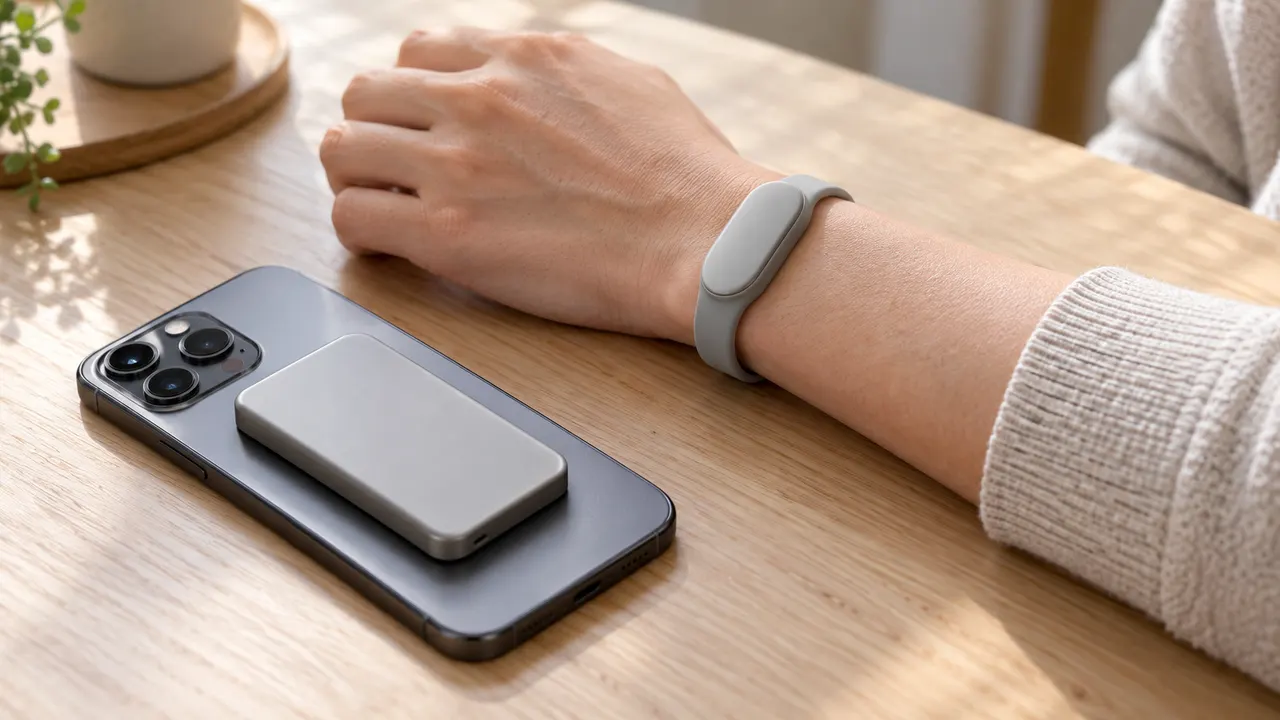 Aparelho vestível de silicone sobre mesa de madeira ao lado de gadget fino fixado na traseira de um celular