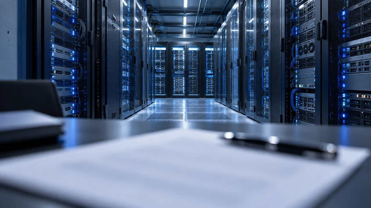 Corredor de data center com racks de aceleradores de IA iluminados em azul e um contrato impresso em primeiro plano
