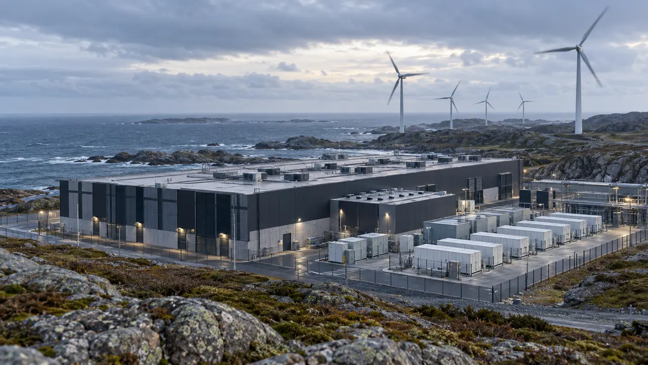 Galpão de data center em terreno costeiro com turbinas eólicas ao fundo