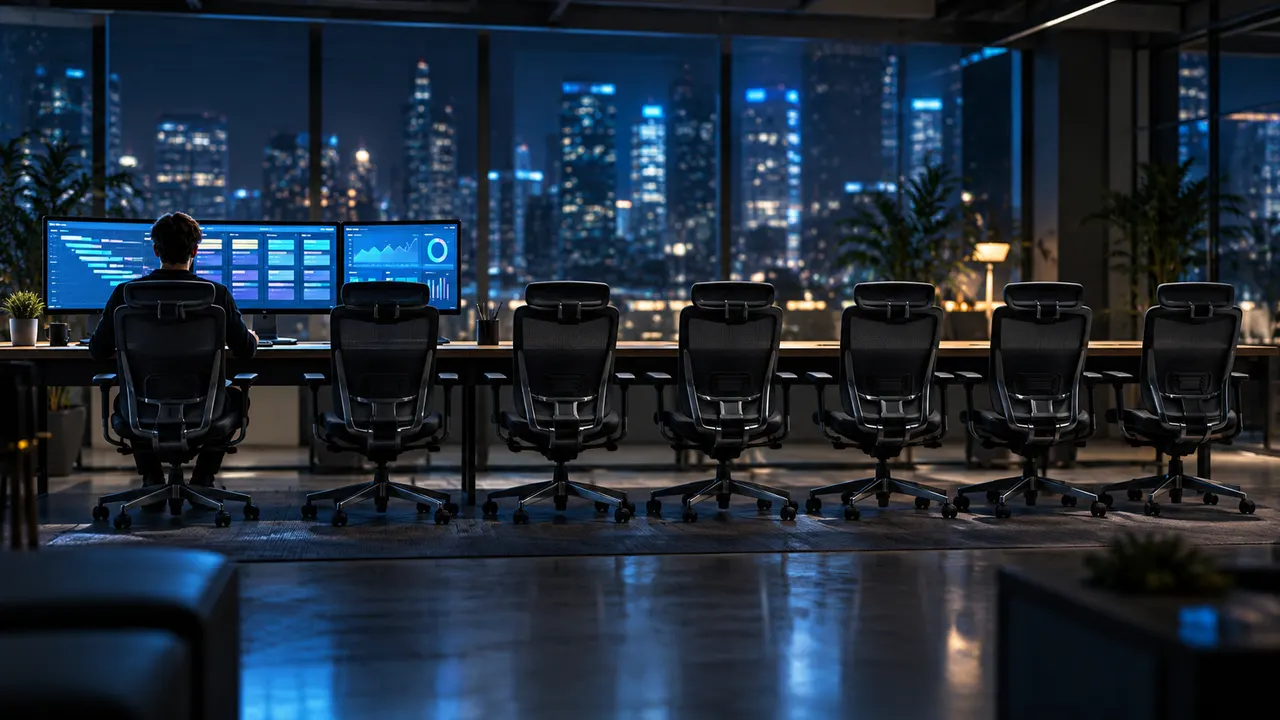 Escritório de tecnologia à noite com uma cadeira ocupada diante de monitores e seis cadeiras vazias ao lado