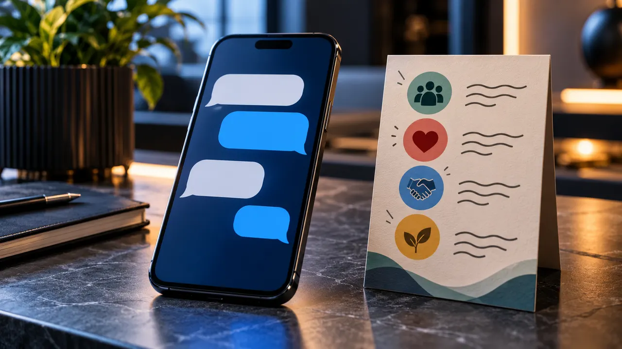Tela de celular com bolhas de chat abstratas ao lado de um cartaz estilizado de regras de boa convivência