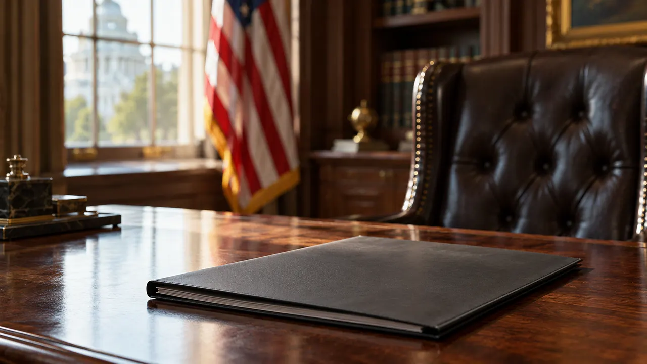 Pasta de documentos fechada sobre mesa de madeira em gabinete legislativo americano vazio