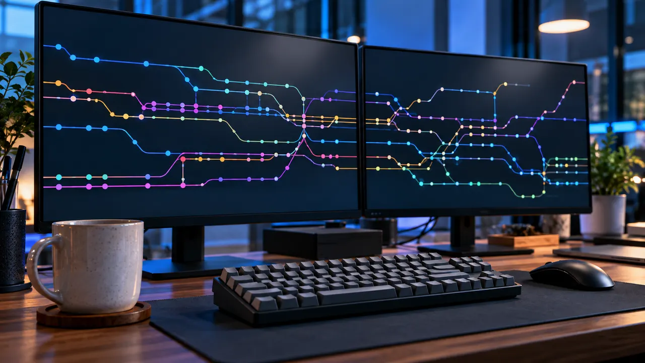 Estação de trabalho de desenvolvedor com monitores exibindo grafos de ramificações e commits