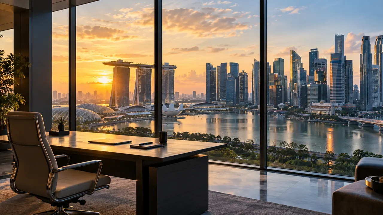 Skyline de Singapura ao amanhecer vista de um edifício de escritórios