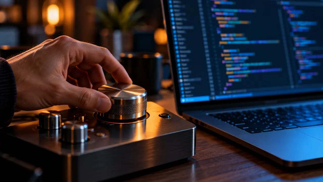 Botão giratório de metal ao lado de notebook com código Python