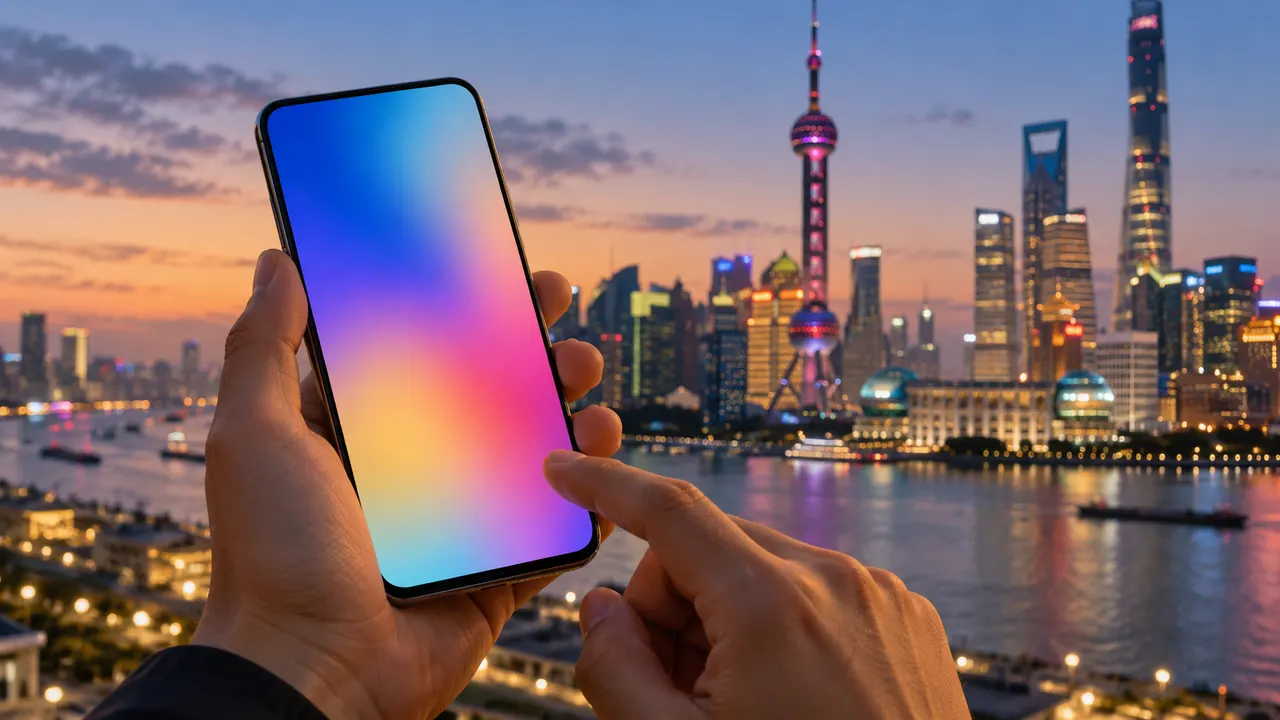 Cena ilustrativa de celular sem marca diante da paisagem de Xangai