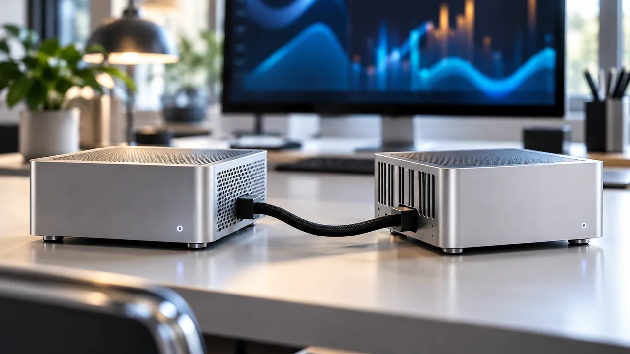 Dois desktops compactos de alumínio lado a lado sobre bancada de escritório, ligados por cabo