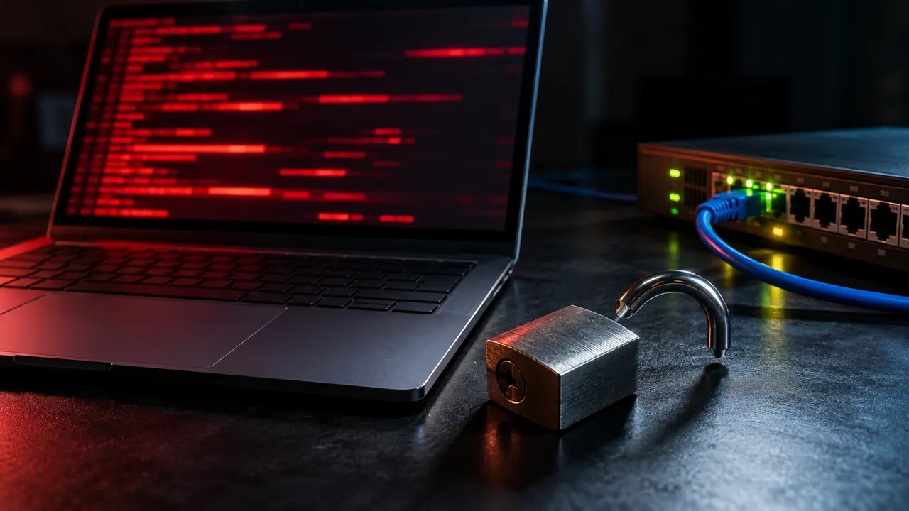 Notebook com terminal em log vermelho ao lado de switch de rede e cadeado aberto