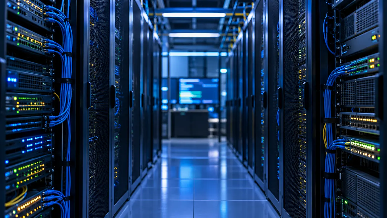 Corredor de data center corporativo com racks de servidores e luz azulada