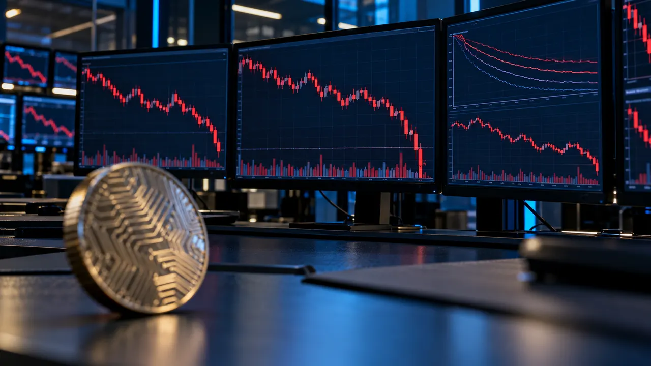 Mesa de operações com monitores exibindo gráficos em queda e uma moeda de bitcoin em primeiro plano