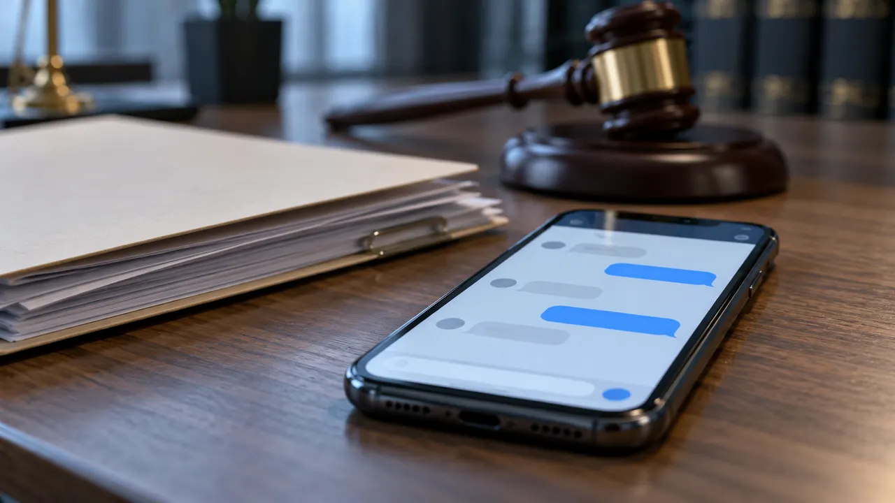 Celular sobre mesa de madeira com tela de conversa desfocada ao lado de documentos jurídicos