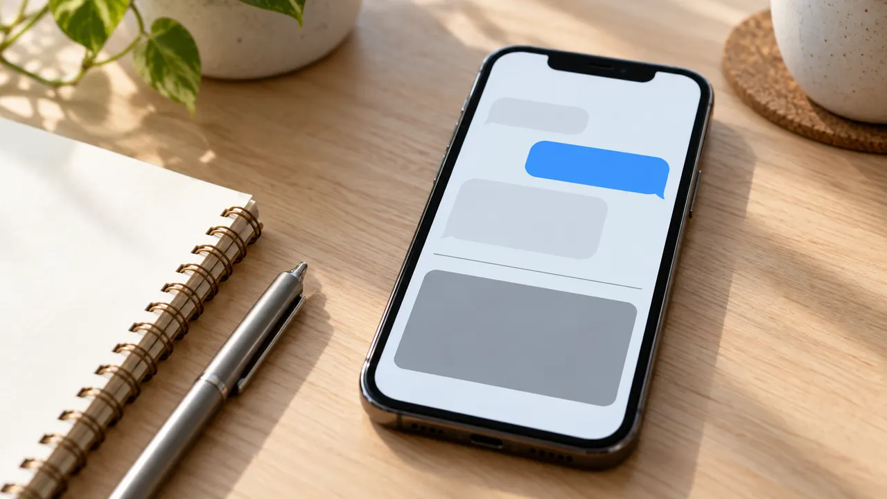 Celular sobre mesa de madeira exibindo conversa de chatbot com bloco patrocinado separado por linha cinza