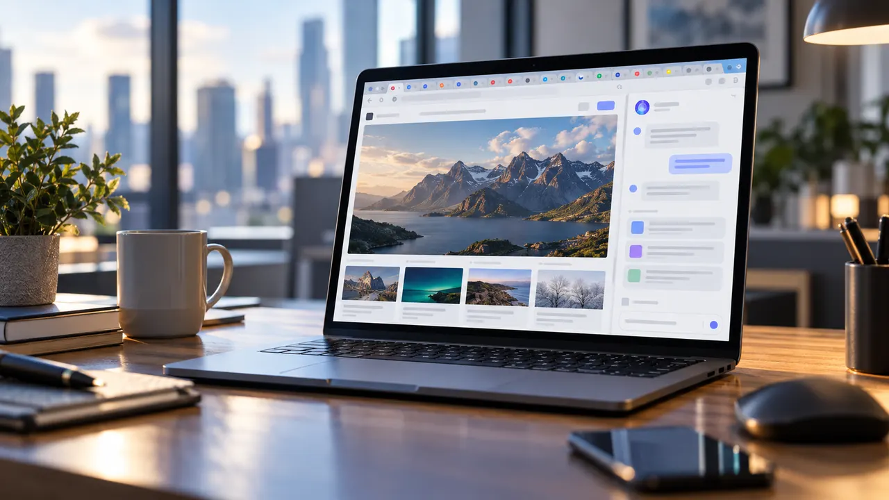 Navegador com várias abas abertas e um assistente de IA ao lado na tela de um notebook