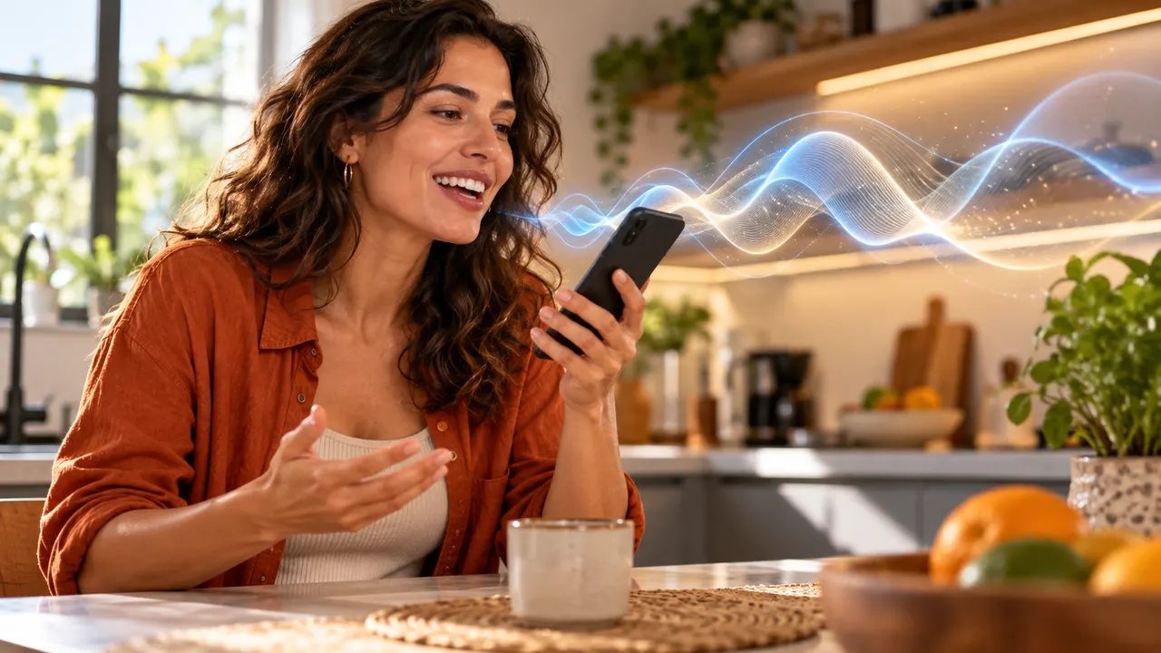 Pessoa conversando por voz com um assistente no celular dentro de uma cozinha