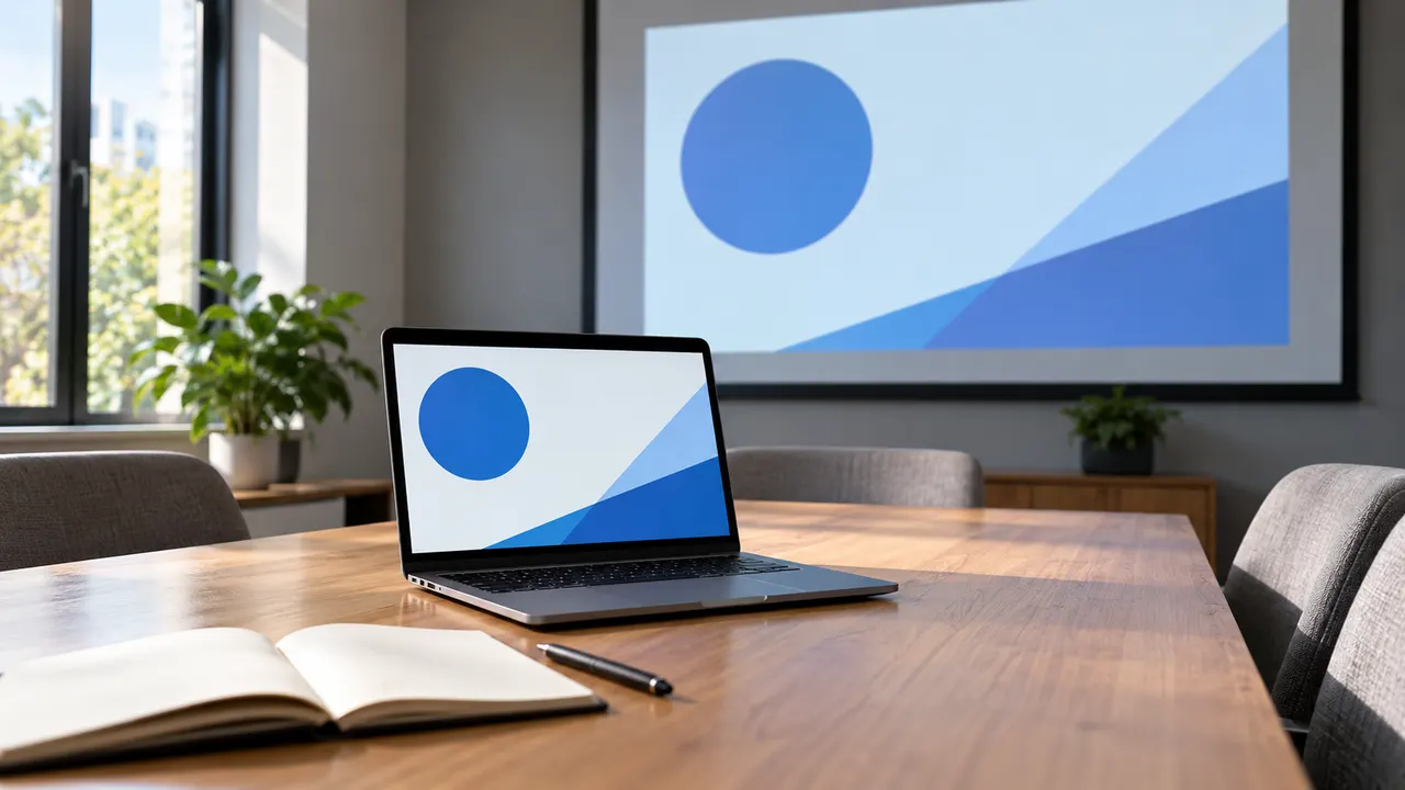 Notebook aberto em sala de reunião com apresentação de slides projetada na parede