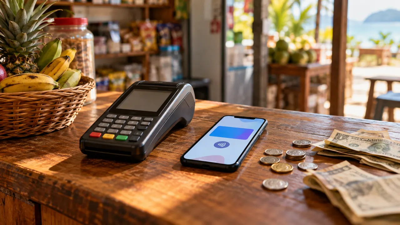 Balcão de pequeno comércio com maquininha de pagamento, celular com carteira digital e notas de dólar