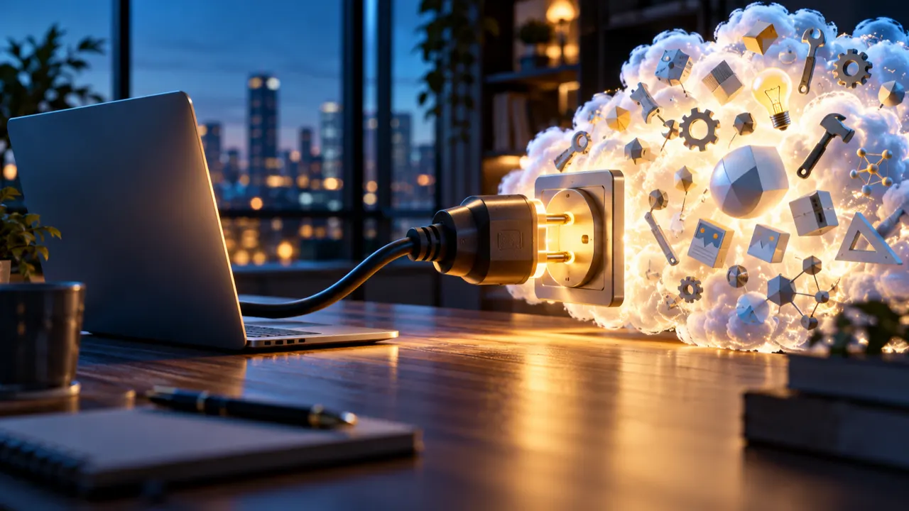 Plugue gigante conectando um notebook a uma nuvem de ícones de ferramentas