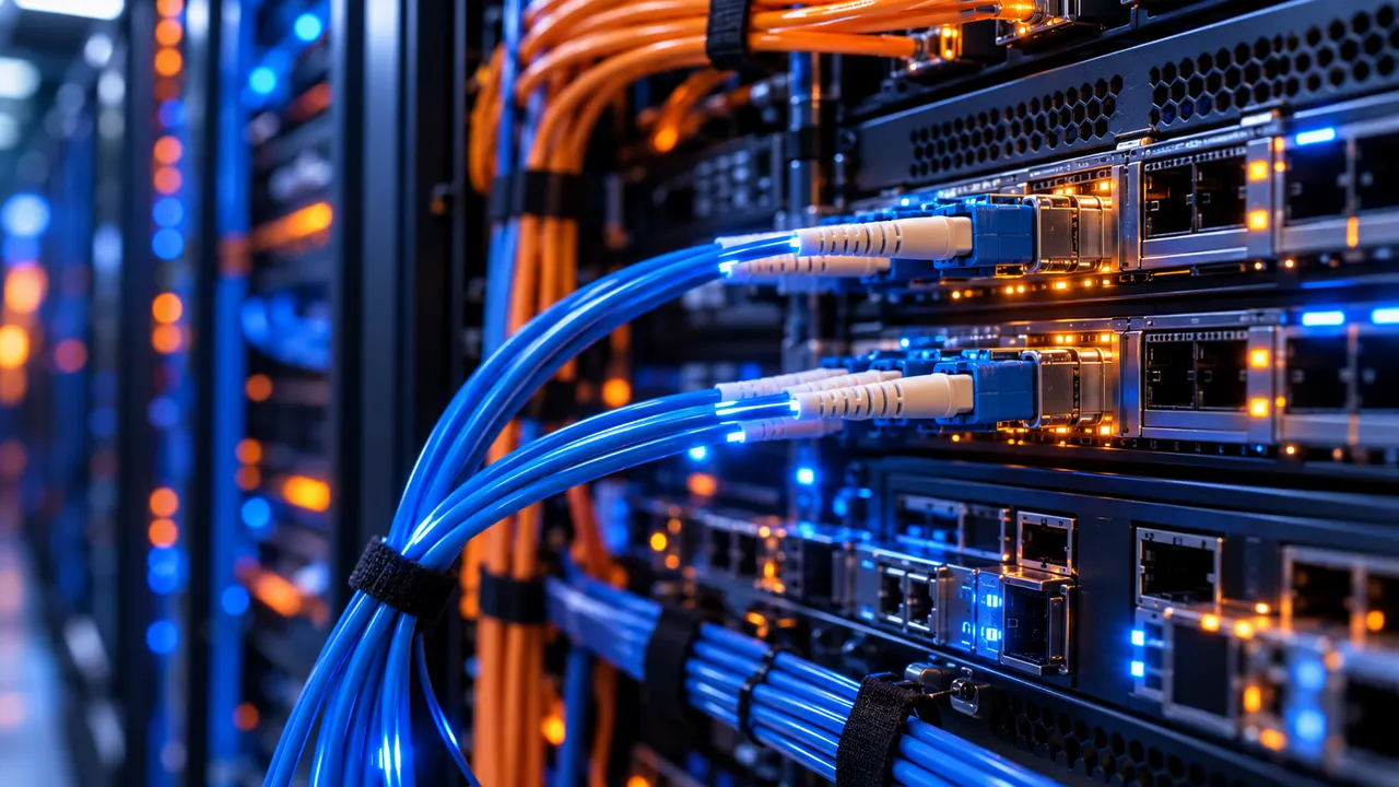 Cabos de fibra óptica conectados em rack de servidores com luzes azuis