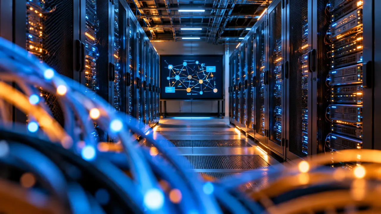 Corredor de data center com racks iluminados e monitor exibindo grafo de nós conectados