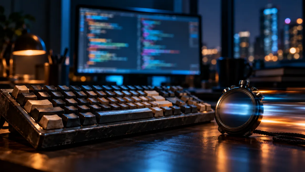 Monitor com código desfocado, teclado mecânico e cronômetro digital
