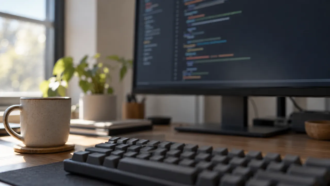 Monitor em mesa de escritório exibindo um arquivo de configuração de texto em fundo escuro