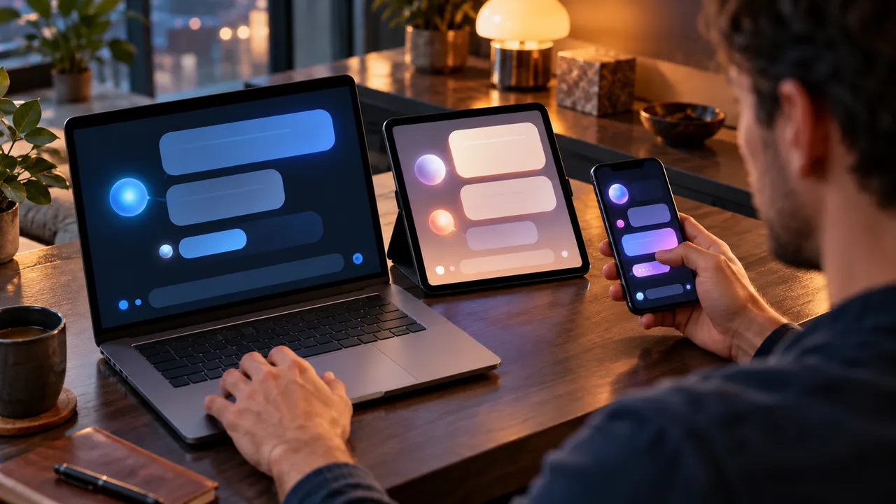Pessoa em uma mesa comparando três telas de notebook e celular com assistentes de IA