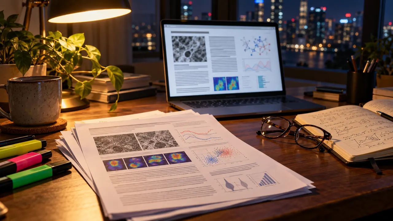 Mesa com artigo científico impresso, marcadores coloridos e notebook mostrando página de preprint