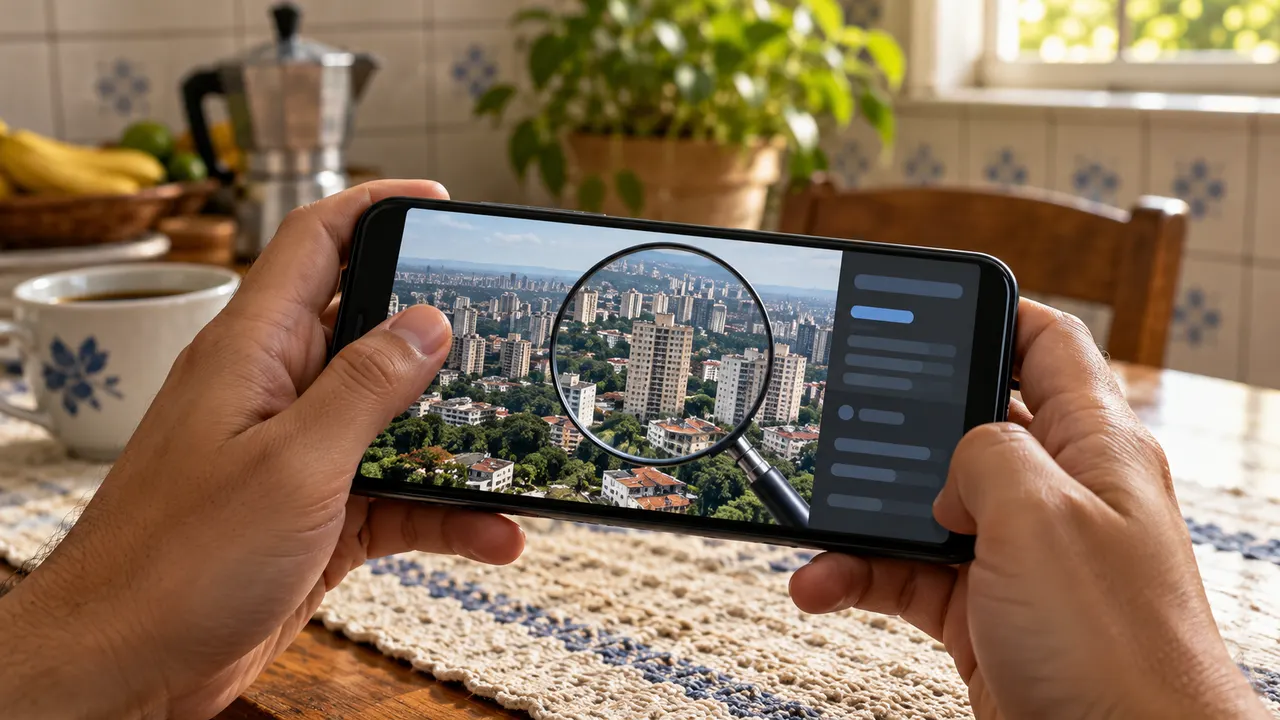 Mãos segurando celular com imagem sendo analisada por lupa sobre mesa de cozinha