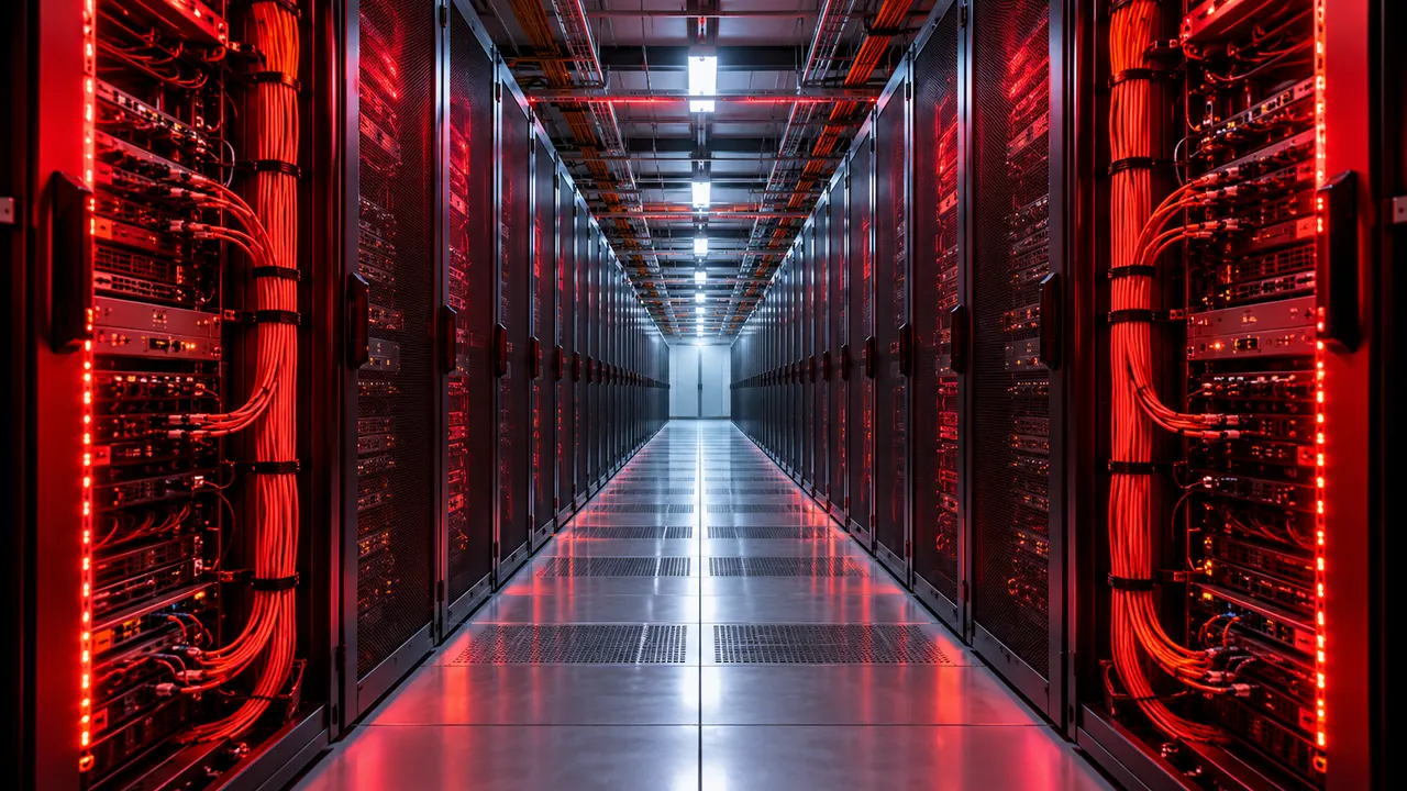 Corredor de data center com fileiras de racks iluminadas por luz vermelha de alerta