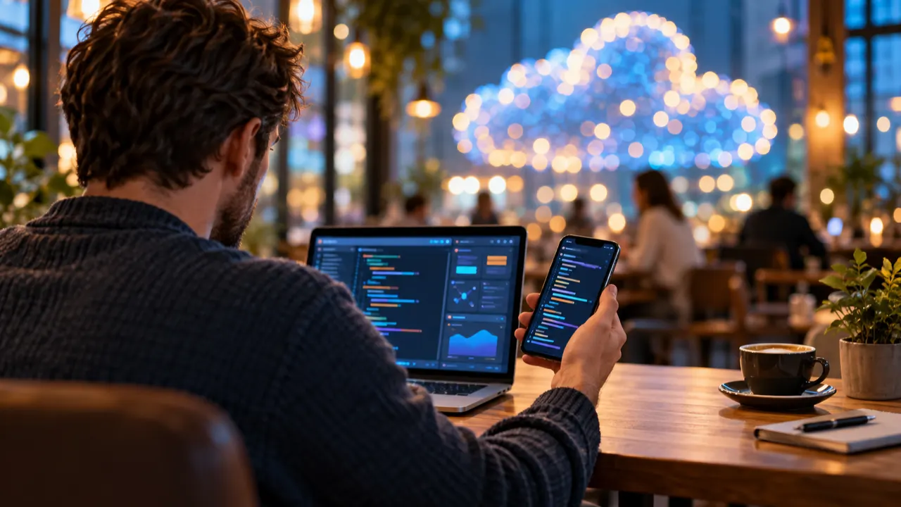 Desenvolvedor segurando um smartphone com notebook aberto ao lado