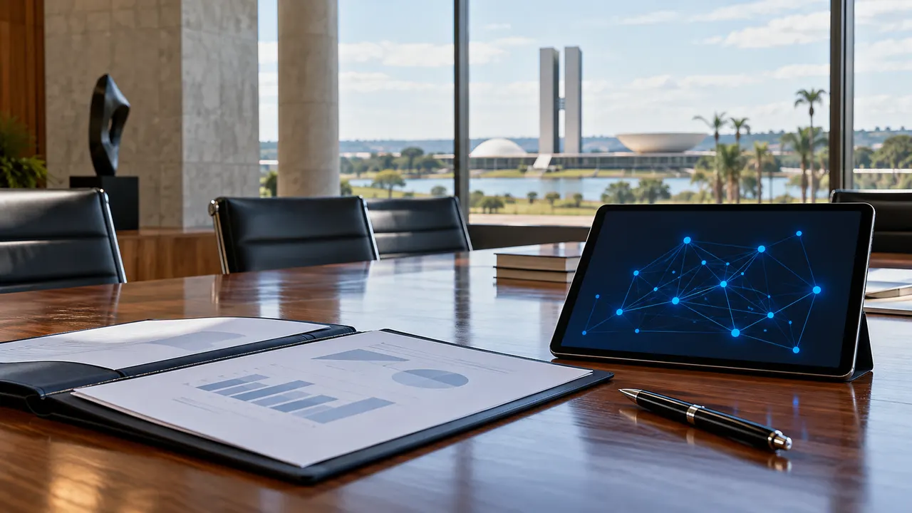 Mesa de reunião institucional com documentos e tablet exibindo gráfico de rede de nós conectados