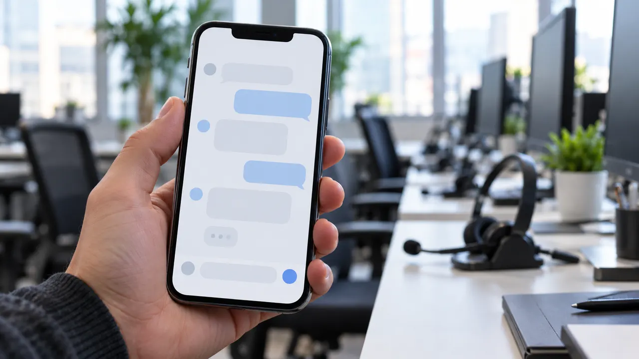 Mão segurando smartphone com tela de chat de atendimento em frente a mesas de call center vazias