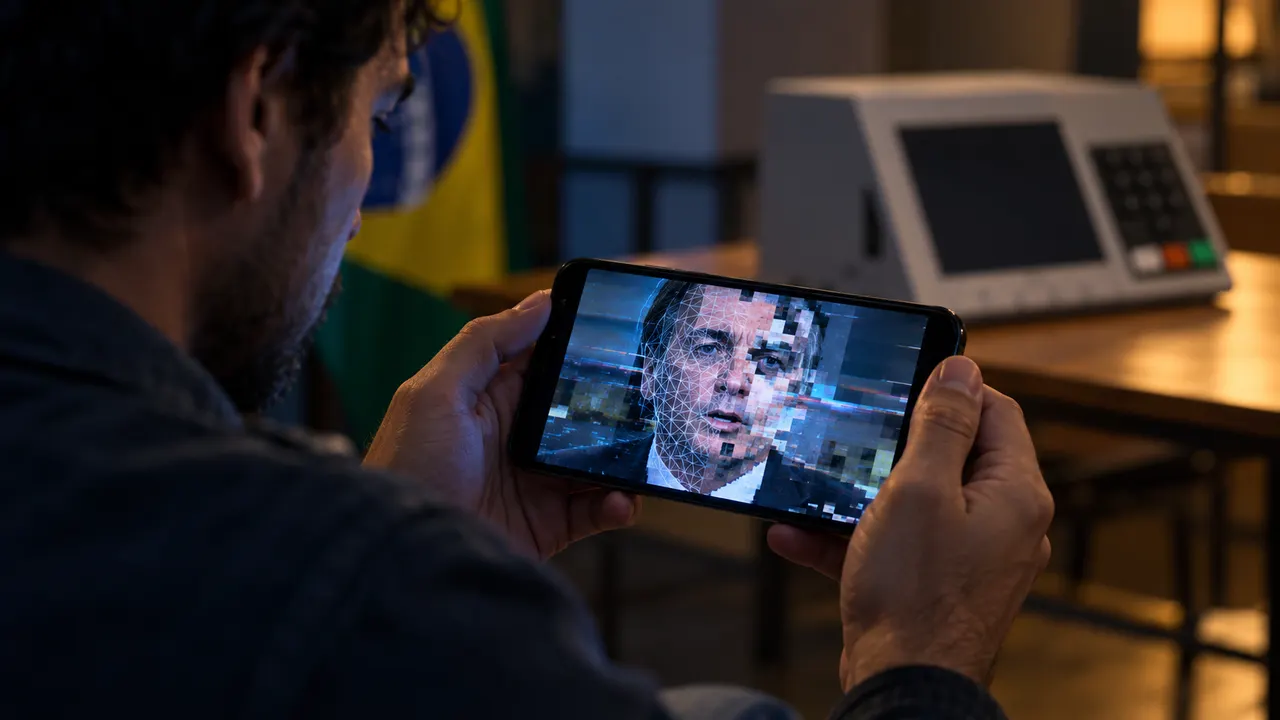 Pessoa observando um vídeo no celular com o rosto parcialmente distorcido em uma sala escura