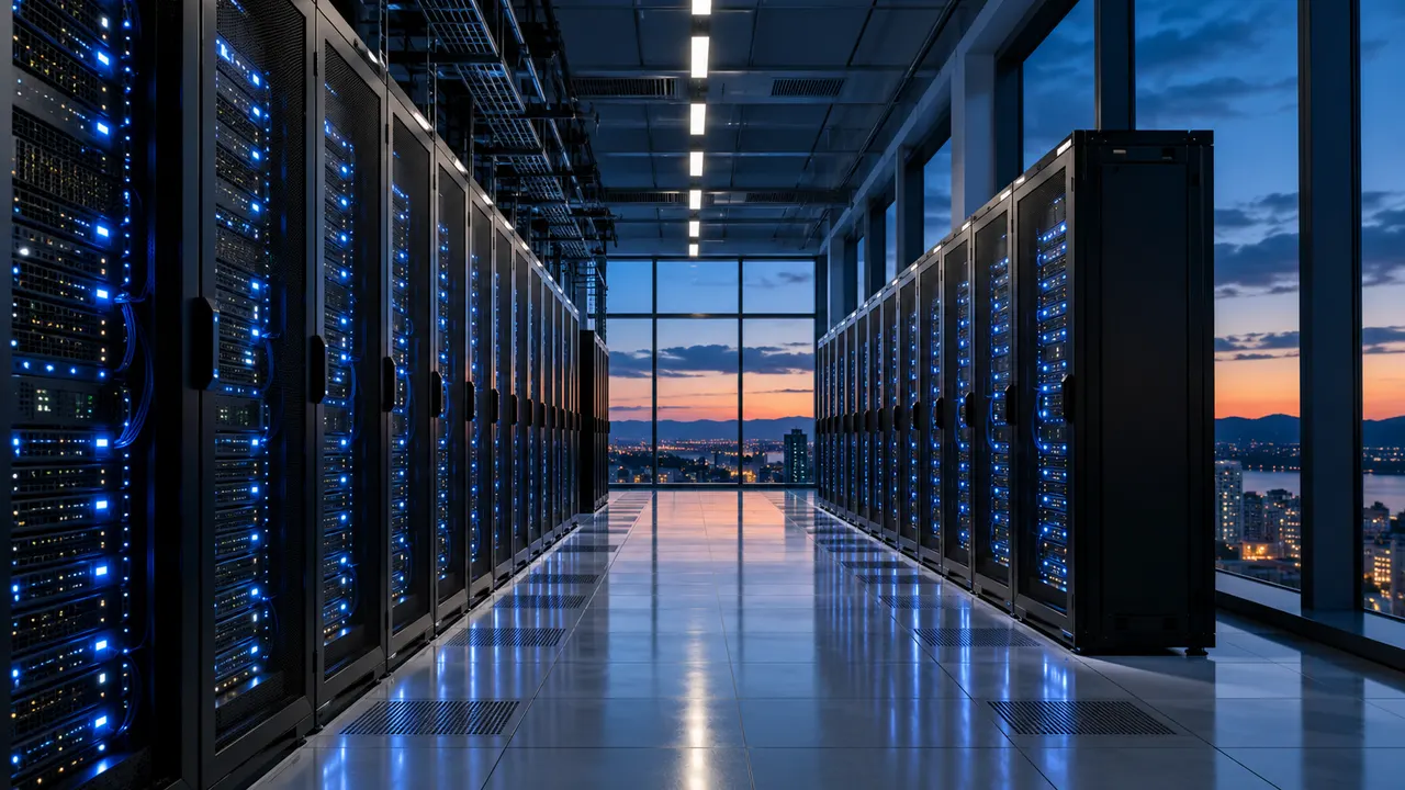 Prédio de data center iluminado ao entardecer com fileiras de servidores visíveis