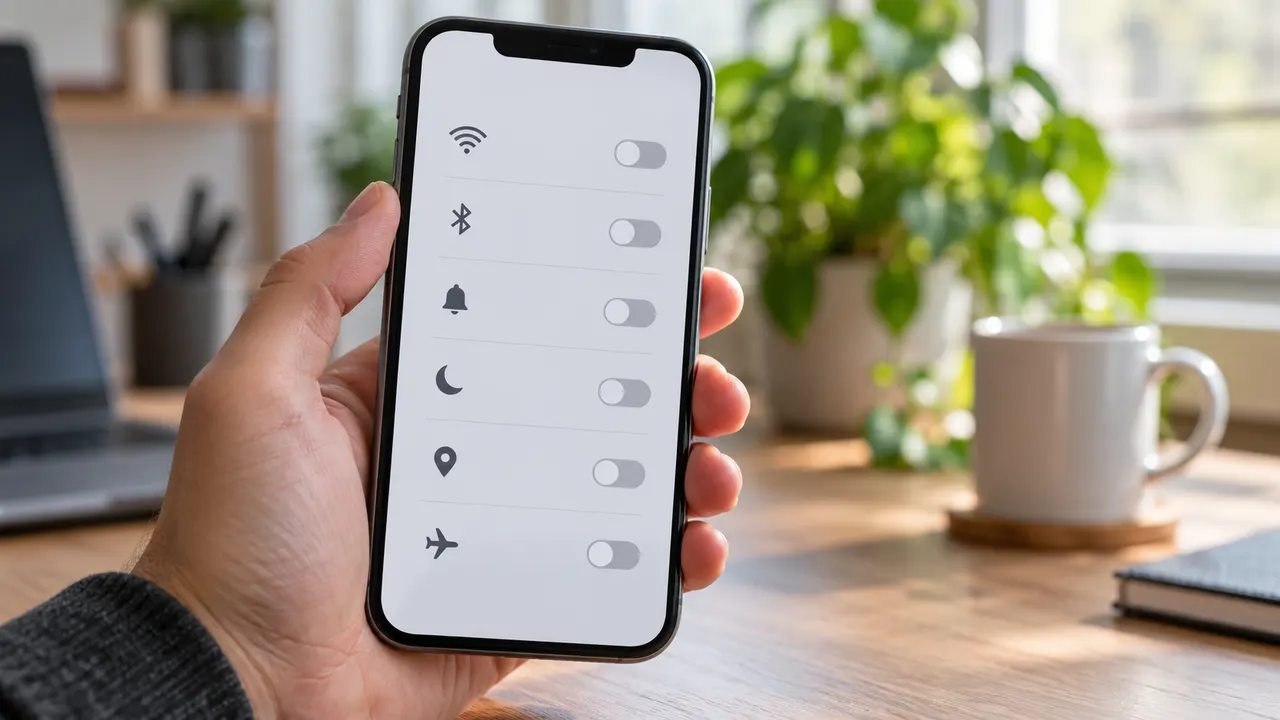 Mão segurando smartphone com tela de configurações e chaves de alternância desligadas