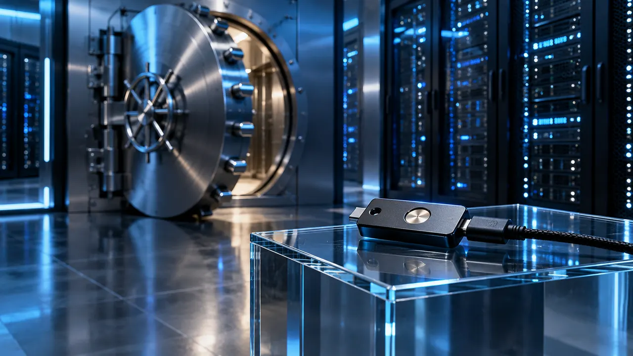 Cofre de banco entreaberto em sala de servidores com dispositivo de chave de hardware sobre pedestal de vidro