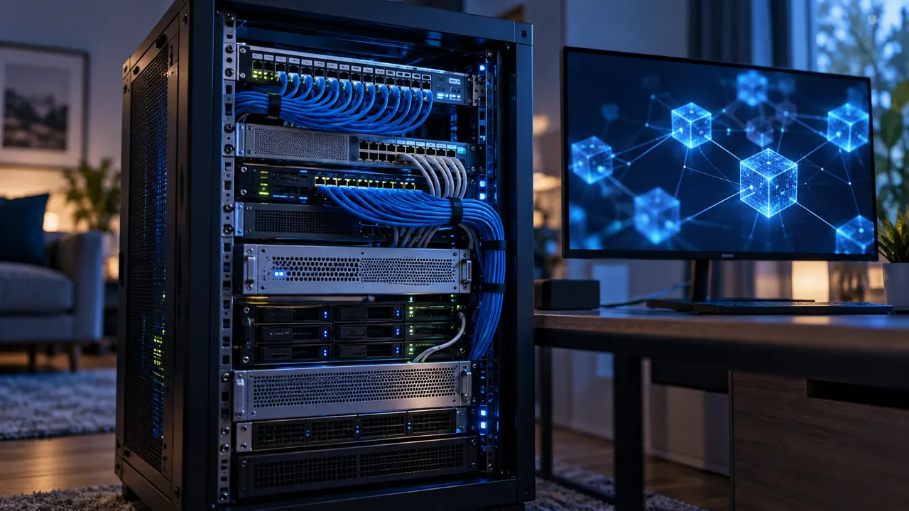 Rack de servidores domésticos com cabos de rede e monitor exibindo gráficos de blocos encadeados