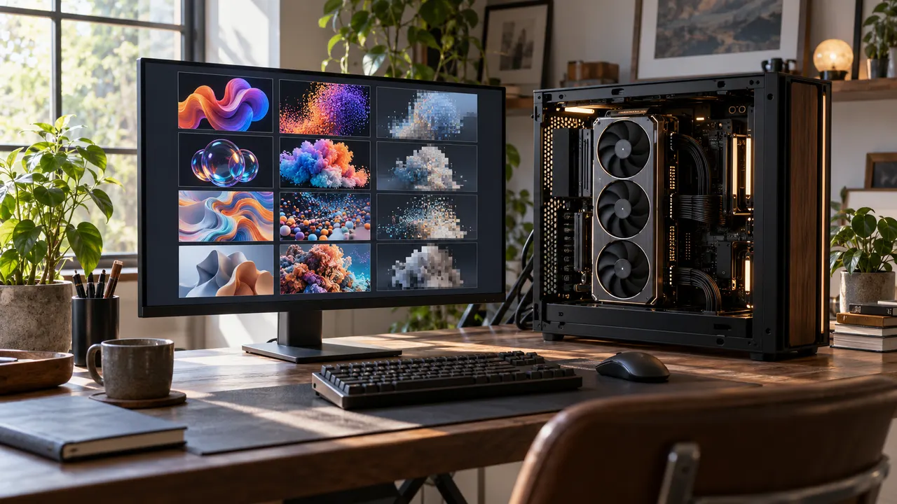 Mesa de designer com gabinete de PC aberto e monitor exibindo imagens sendo geradas