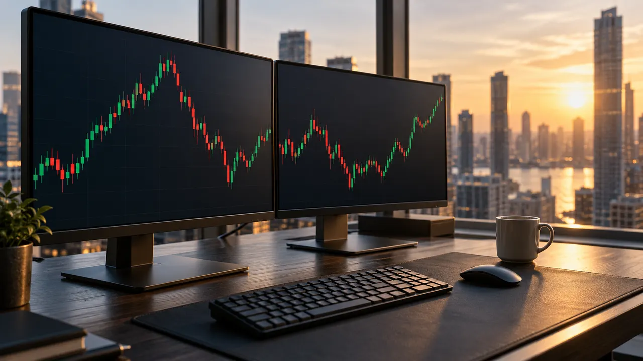 Mesa de operações com dois monitores exibindo gráficos de candlestick ao fim da tarde