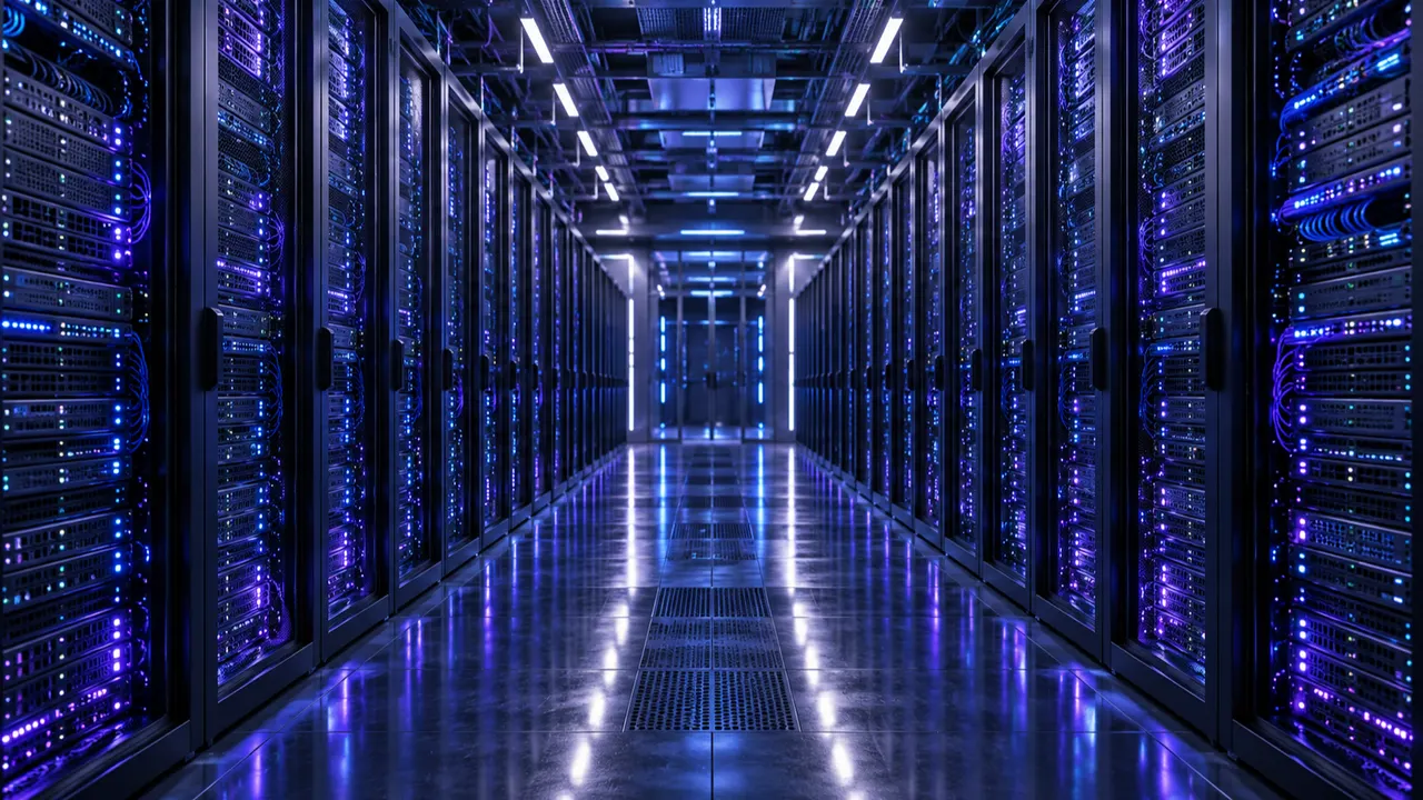 Sala de servidores com luz azul representando o novo modelo de IA do Google