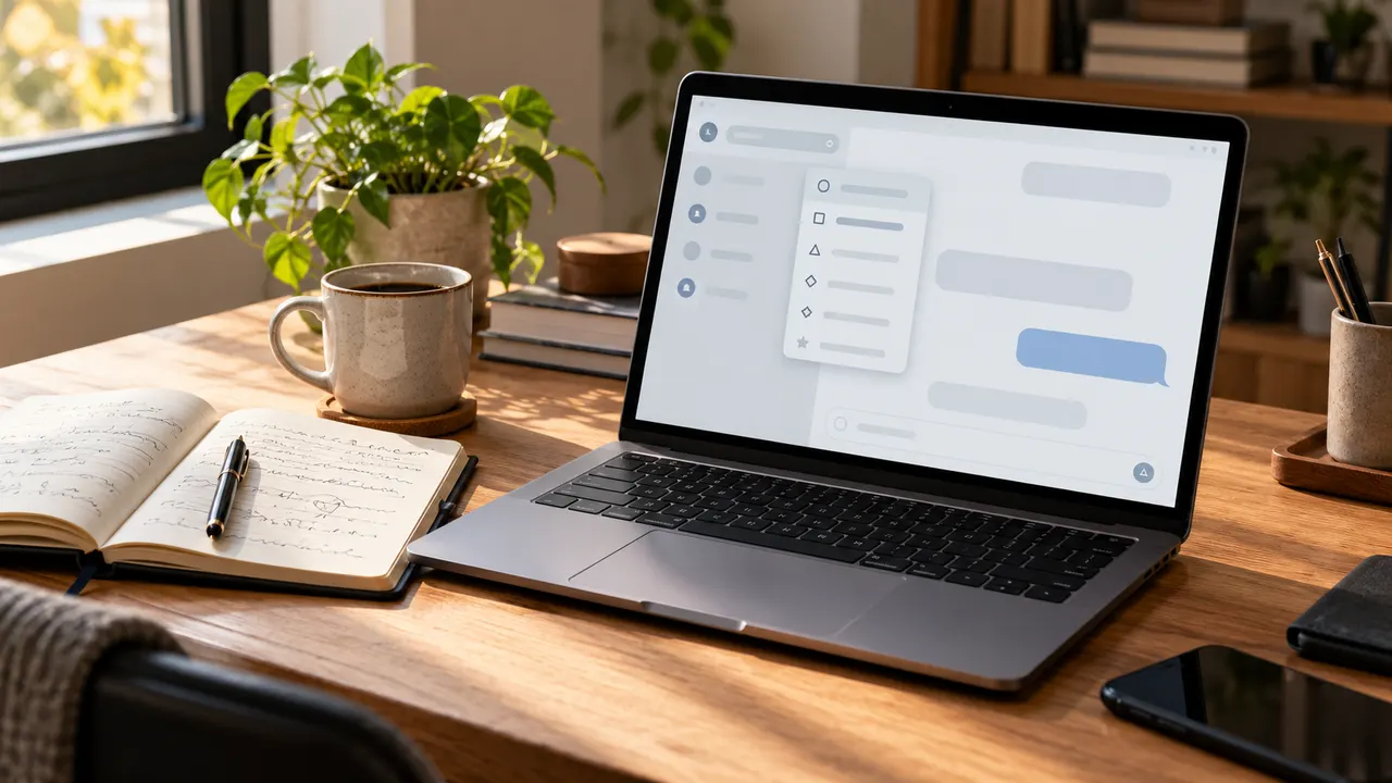 Notebook aberto sobre mesa de trabalho exibindo uma lista de atalhos em uma interface de chat
