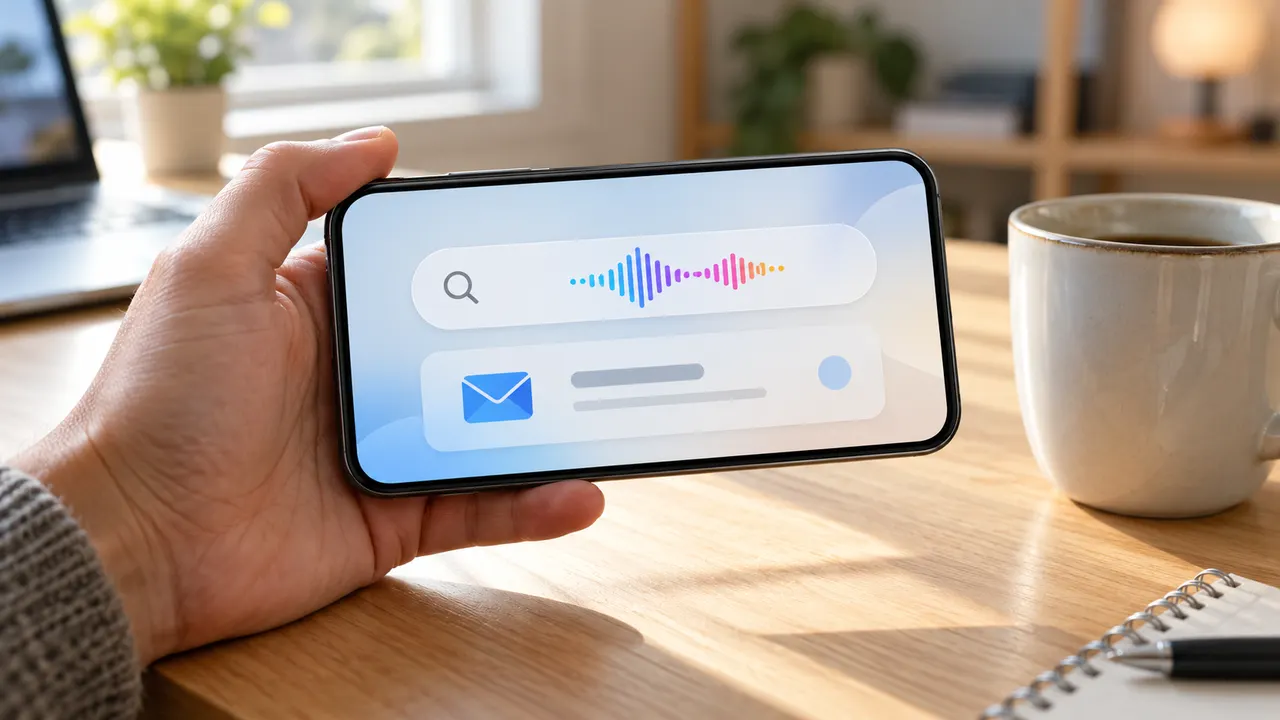 Mão segurando celular na horizontal com barra de busca e onda sonora na tela, sobre mesa de escritório