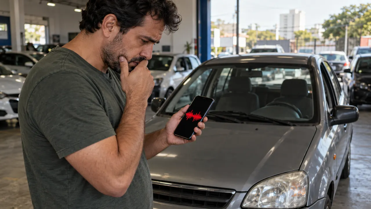 Homem olhando preocupado para o celular ao lado de um carro usado em uma garagem