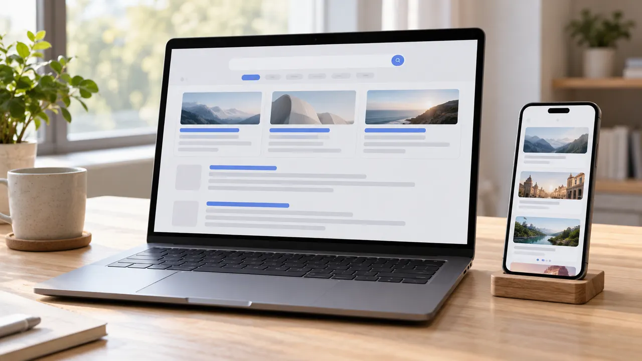Notebook e celular exibindo página de busca com cartões de links destacados no topo