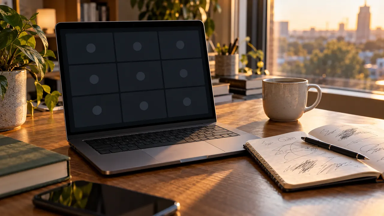 Mesa de escritório com notebook aberto logo após uma videochamada encerrada, caderno e caneca de café