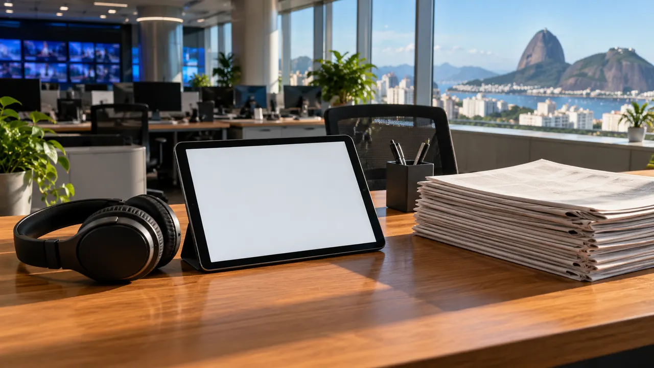 Cena ilustrativa de mesa de redação com tablet e fones de ouvido