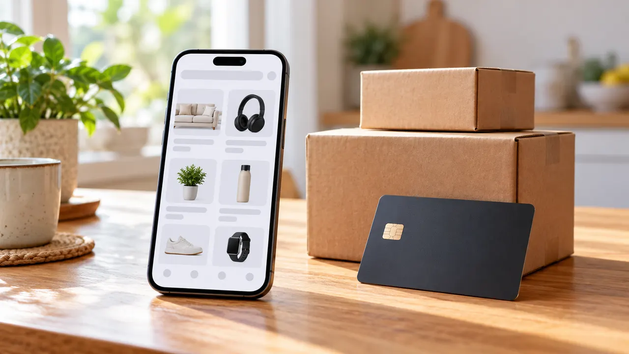 Celular sobre bancada de madeira exibindo lista de produtos ao lado de caixas de entrega e um cartão